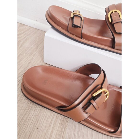 Zara Buckle Slip On Slide Sandals Brown Boho Faux Leather Shoes Womens 41 10 - Picture 3 of 13